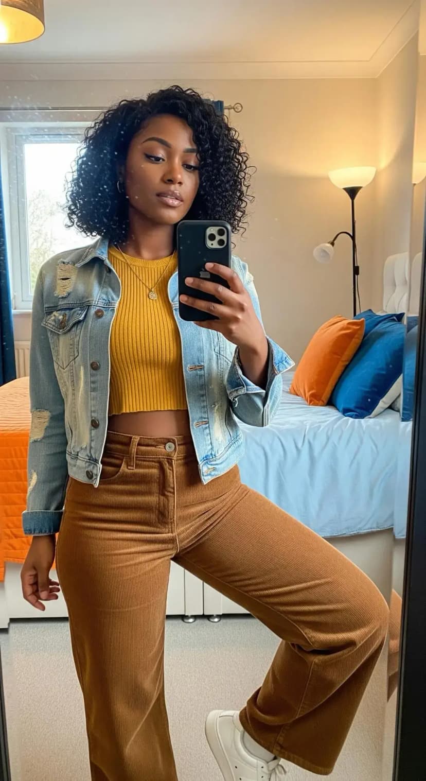 Yellow Ribbed Crop Top + Brown Corduroy Pants + Distressed Denim Jacket + White Sneakers