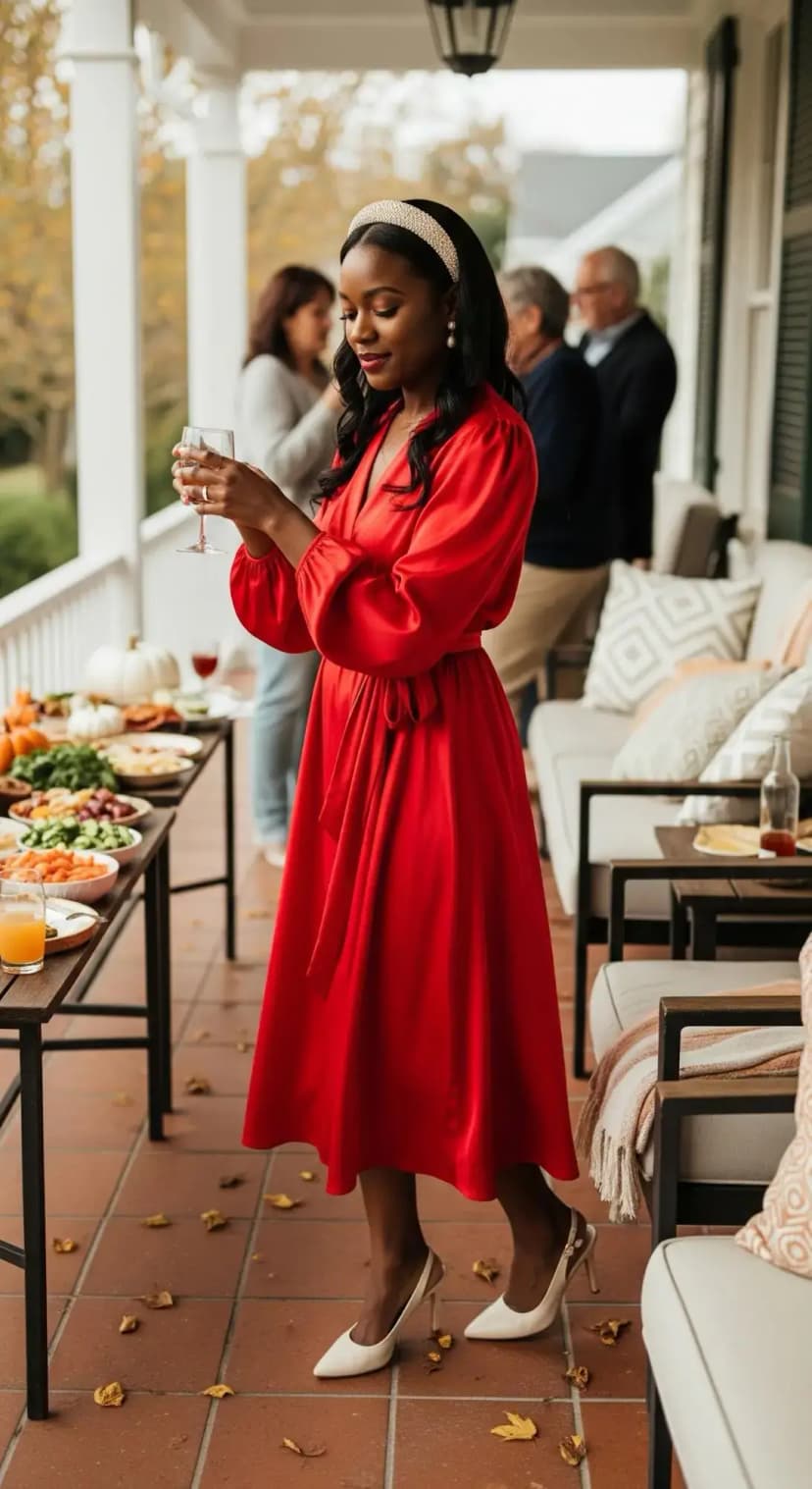 Red Wrap Dress + Ivory Heels + Pearl Headband