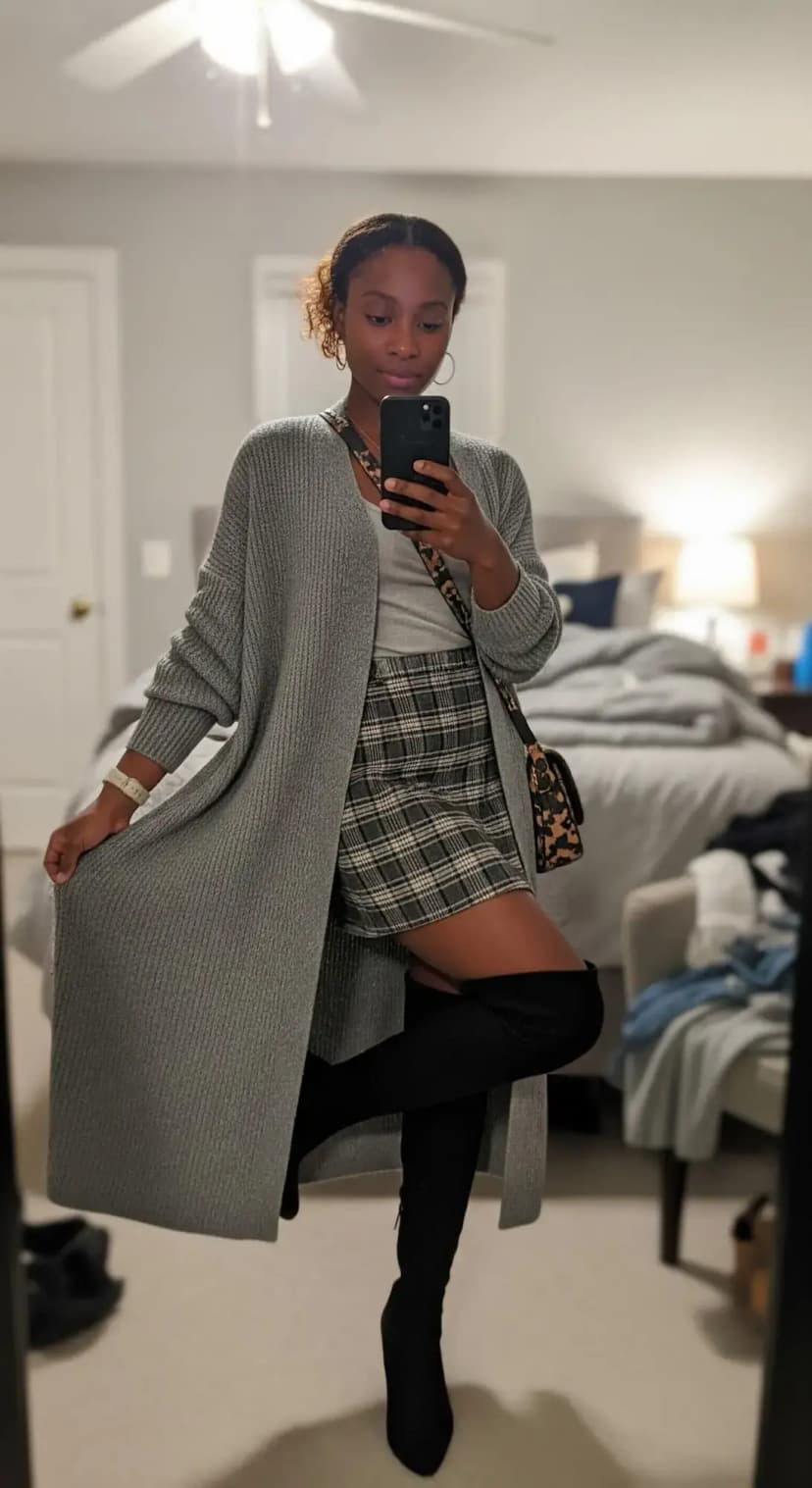 Grey Ribbed Cardigan + Grey Top + Plaid Mini Skirt + Over-the-Knee Boots