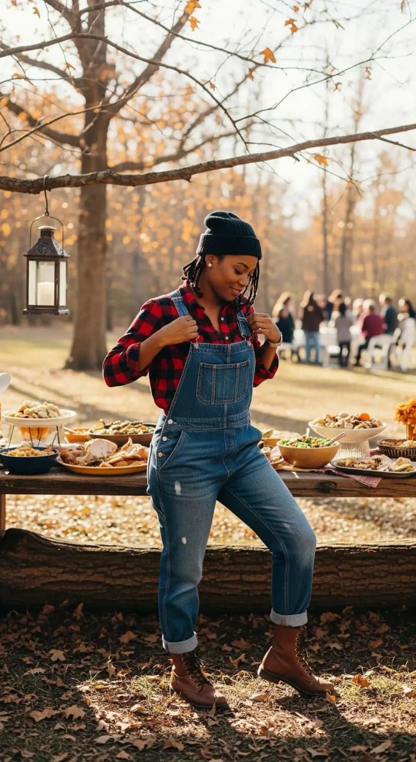 Red Plaid Shirt + Denim Overalls + Brown Lace-Up Boots + Knit Beanie