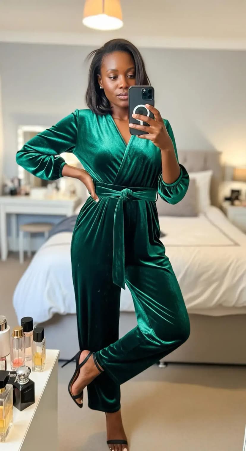 Emerald Velvet Wrap Jumpsuit + Black Heels