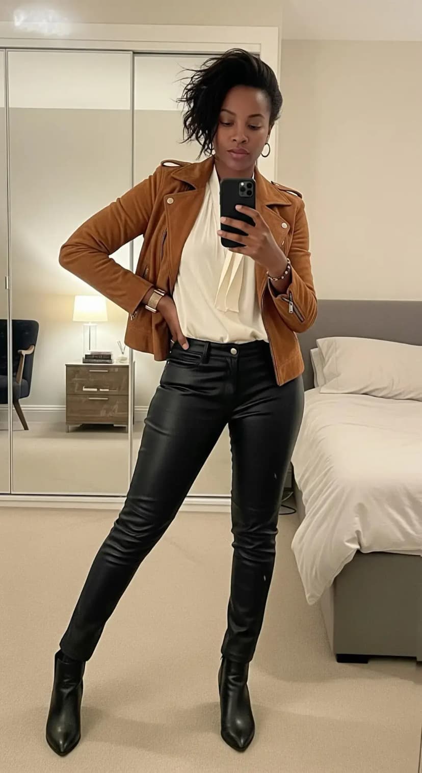 Cream Tie-Neck Blouse + Brown Suede Moto Jacket + Black Leather Pants + Black Boots