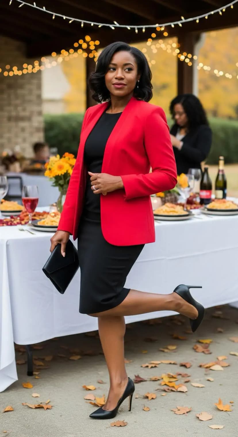 Black Dress + Red Blazer + Black Heels + Clutch