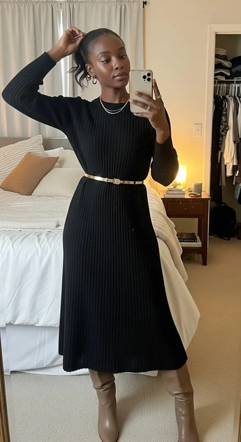 Black Ribbed Sweater Dress + Gold Belt + Taupe Boots
