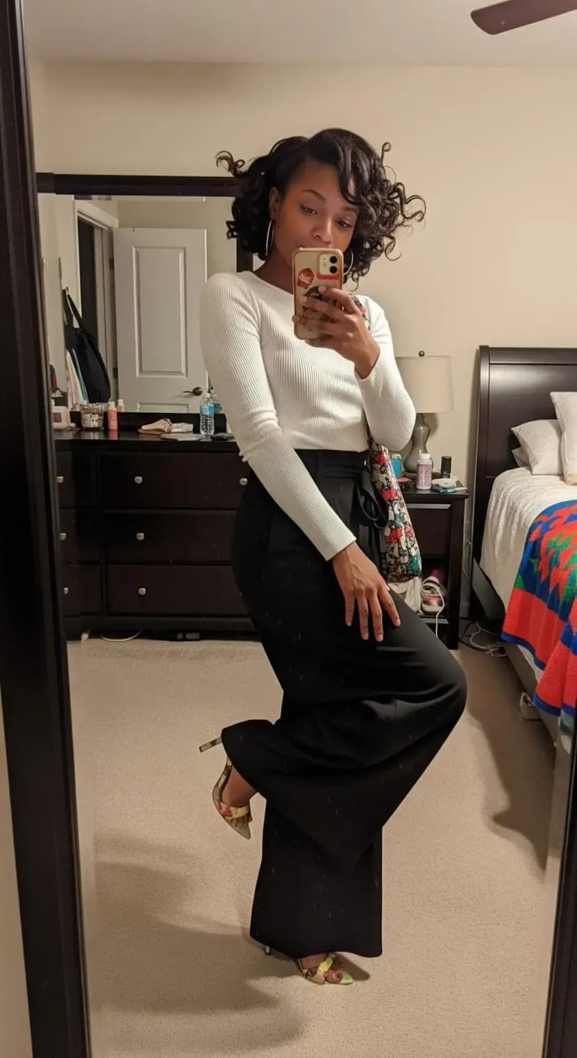 White Ribbed Top + Black Wide-Leg Pants + Floral Heels
