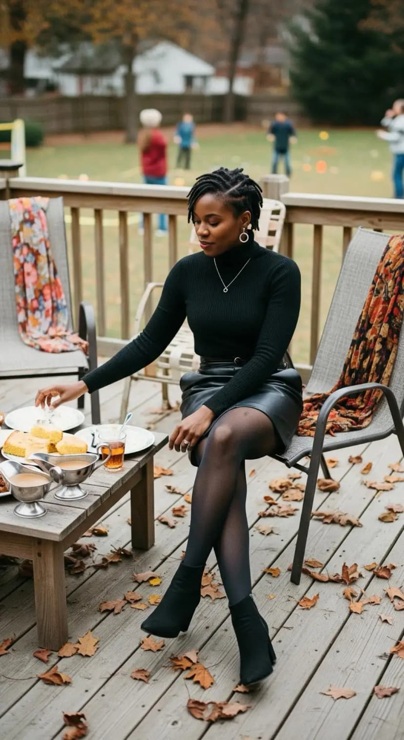 Black Ribbed Turtleneck + Black Leather Skirt + Sheer Tights + Ankle Boots