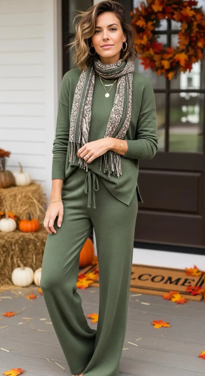 Olive Knit Set + Printed Scarf