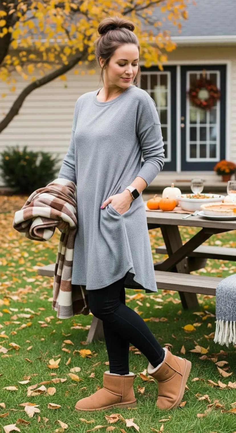 Grey Tunic Sweater + Black Leggings