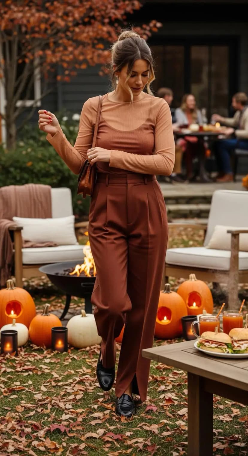 Mesh Long Sleeve Top + Brown Trousers