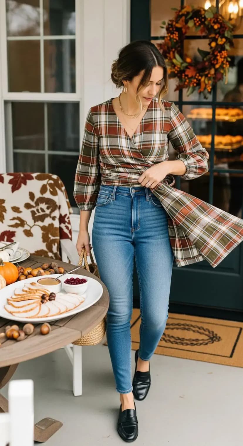 Plaid Wrap Top + Skinny Jeans