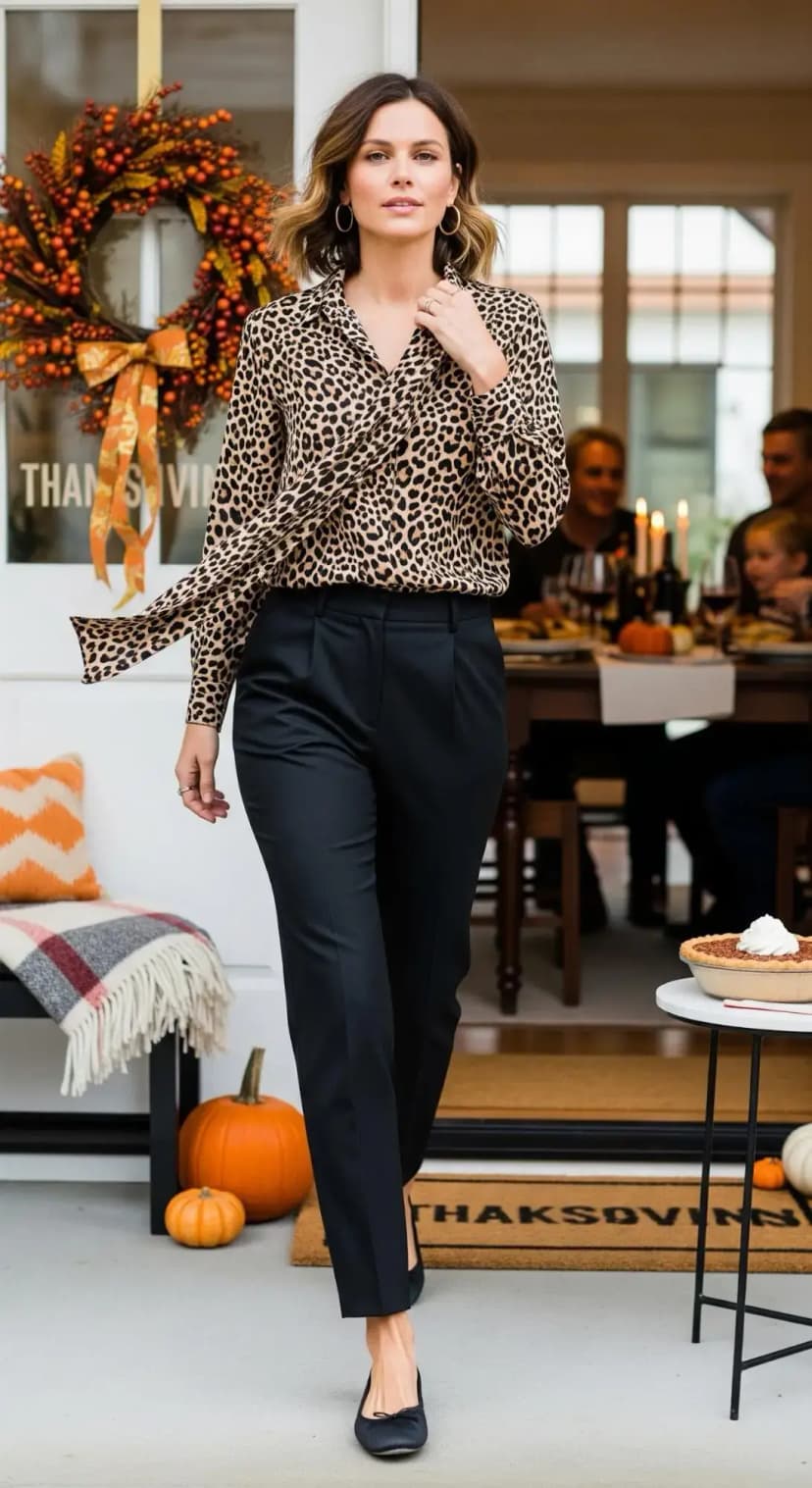Leopard Print Blouse + Black Pants