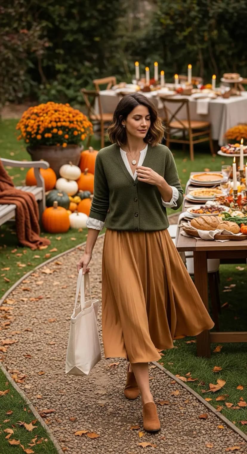 Olive Cardigan + Camel Skirt