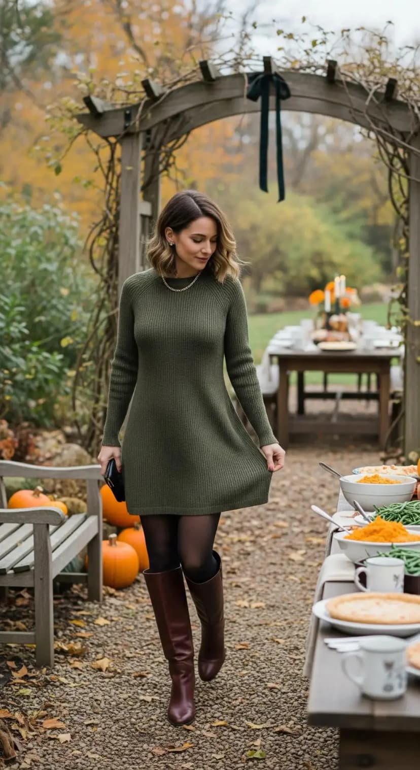 Olive Sweater Dress + Burgundy Boots