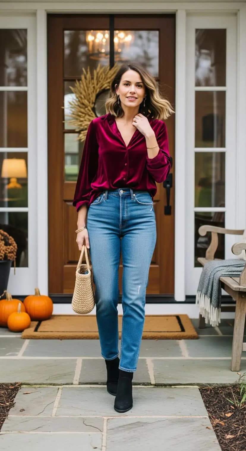 Velvet Blouse with High-Waist Jeans and Booties