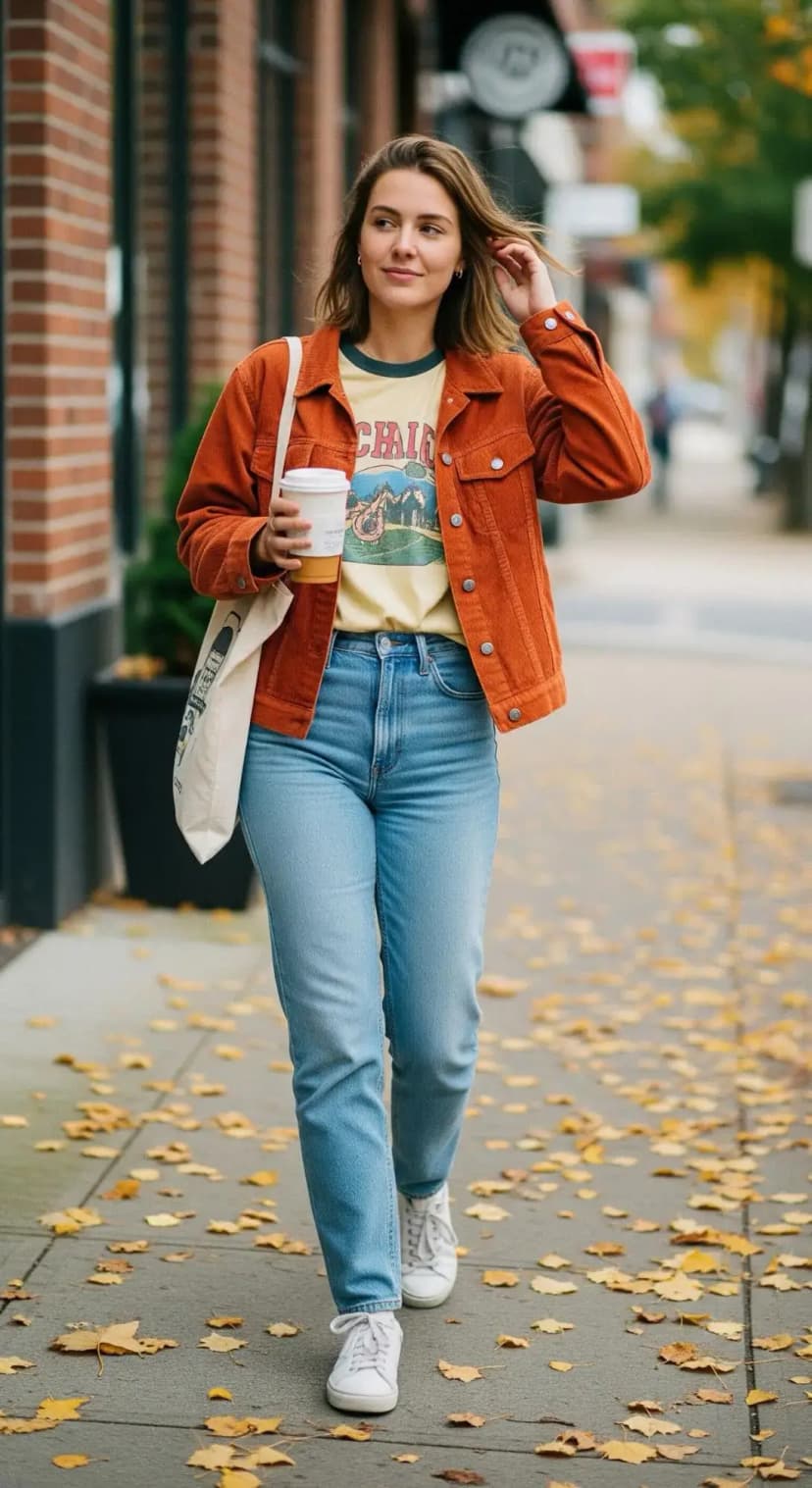 Graphic Tee under Corduroy Jacket with Jeans