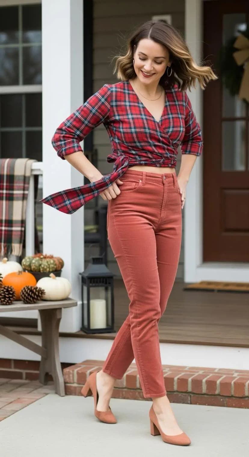 Plaid Top with Corduroy Pants and Heels