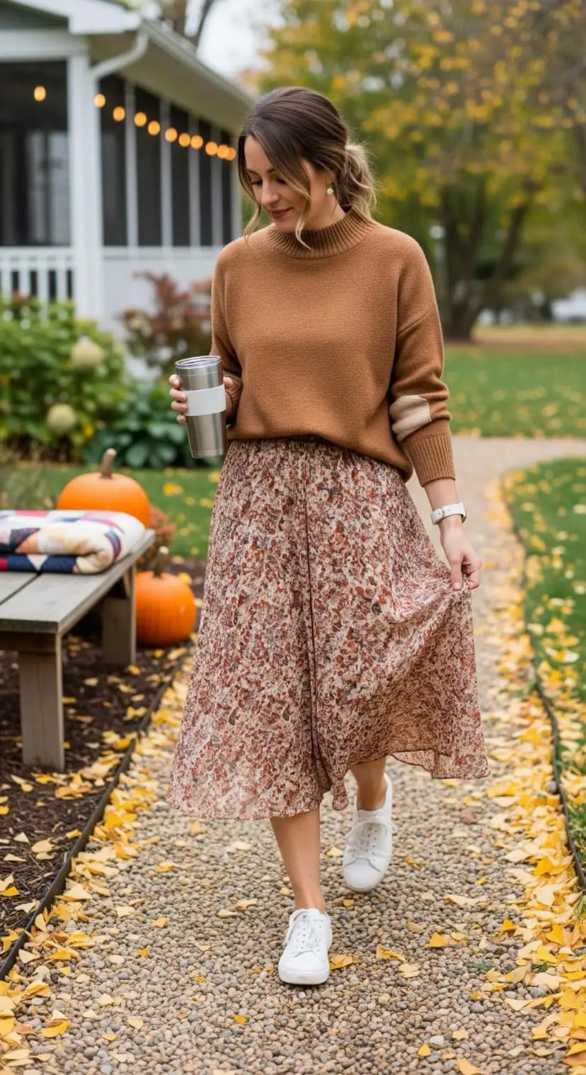 Mock Neck Sweater with Midi Skirt and Sneakers