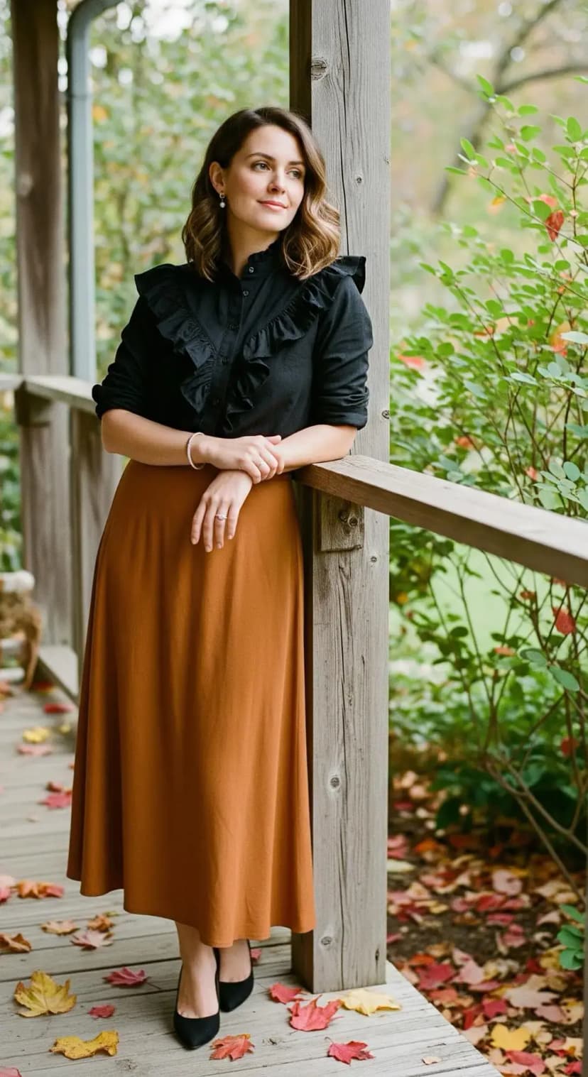 Ruffled Black Shirt with Full Skirt and Pumps