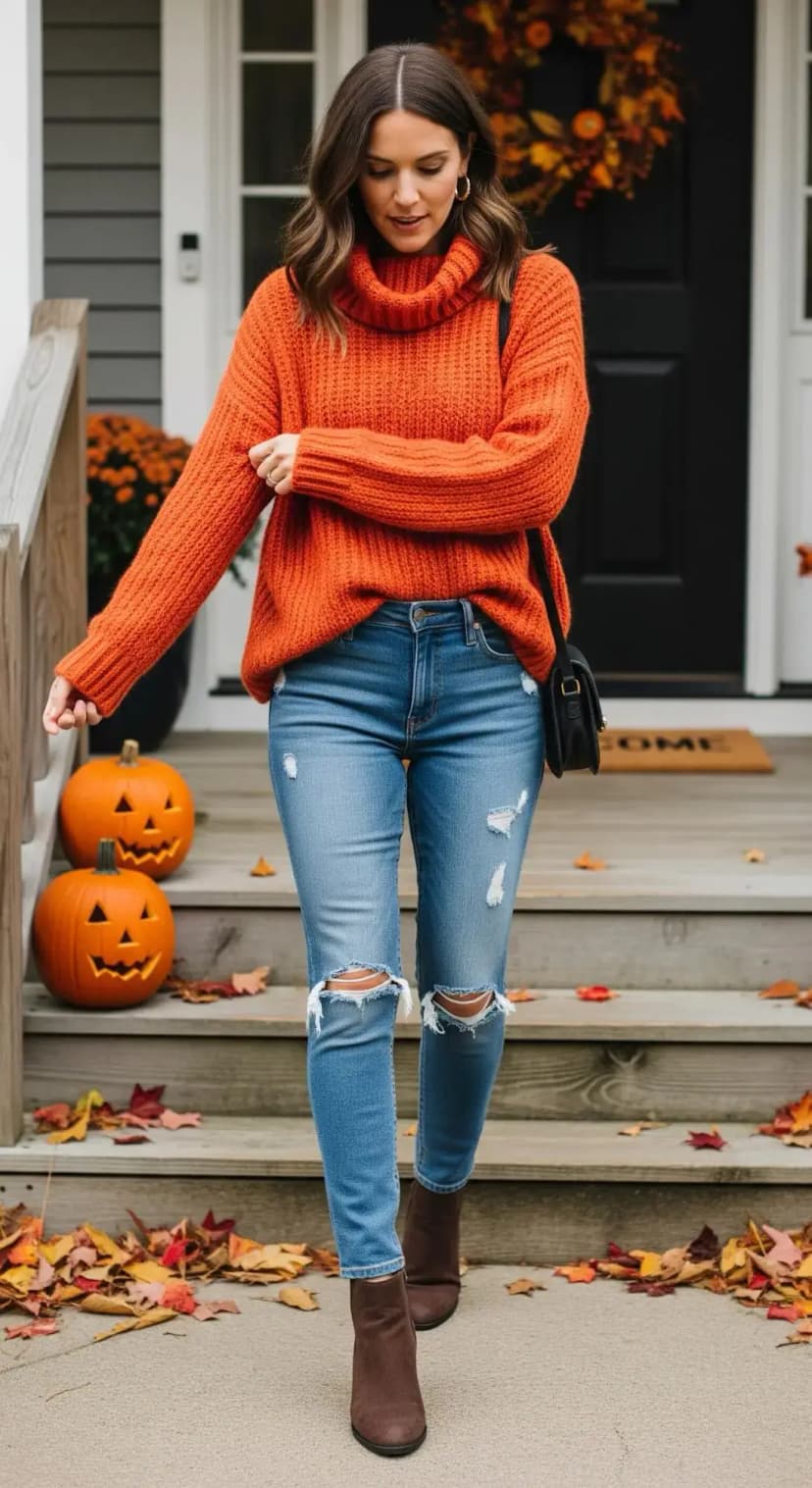 Oversized Turtleneck Sweater with Distressed Jeans and Ankle Boots