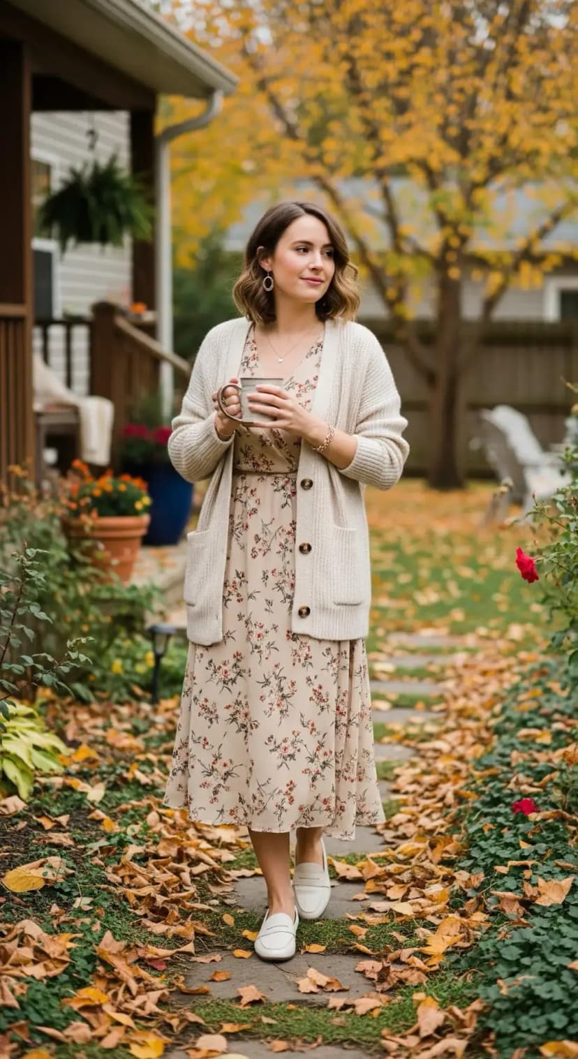 Floral Print Dress with Cardigan and Loafers
