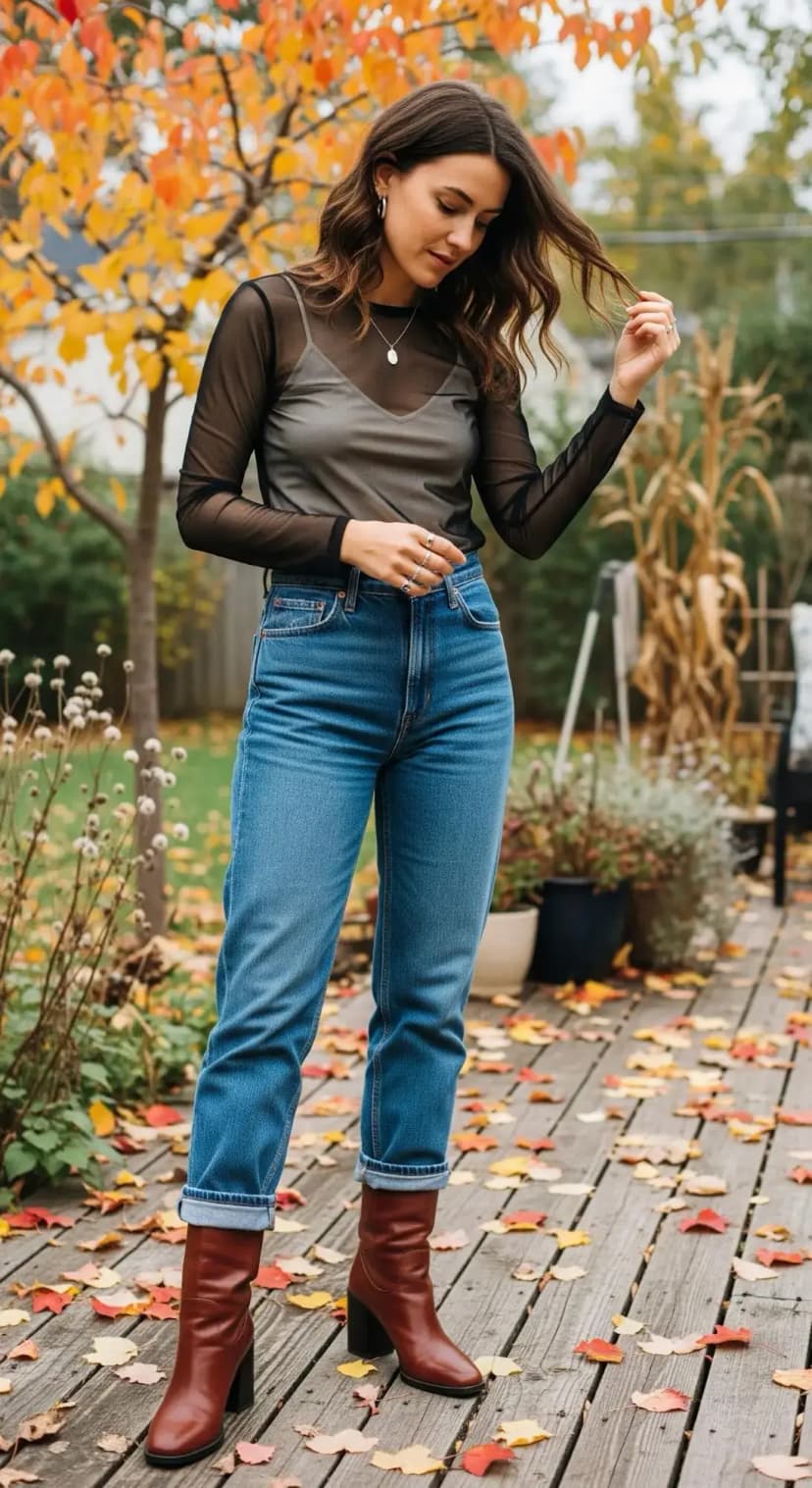 Sheer Mesh Top with Jeans and Statement Boots