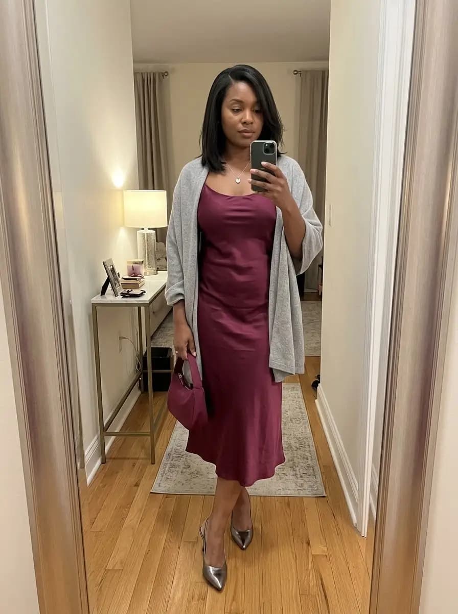 Burgundy satin slip dress layered under grey cardigan with metallic pumps