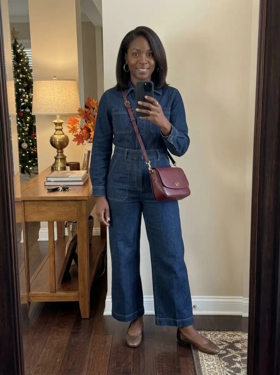 Dark-wash denim jumpsuit with bronze flats and burgundy bag