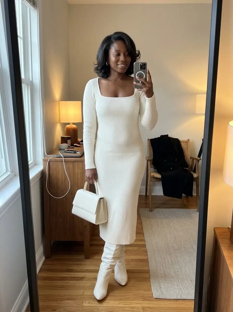 Cream ribbed knit square-neck midi dress with matching cream boots