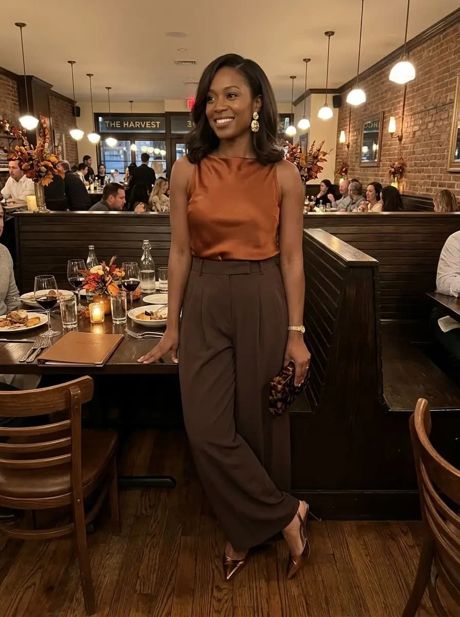 Rust satin sleeveless top with chocolate wide-leg trousers
