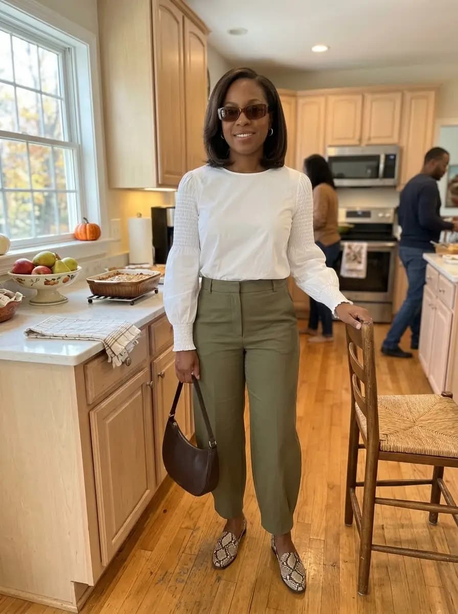 White smocked-sleeve blouse with olive green wide-leg pants