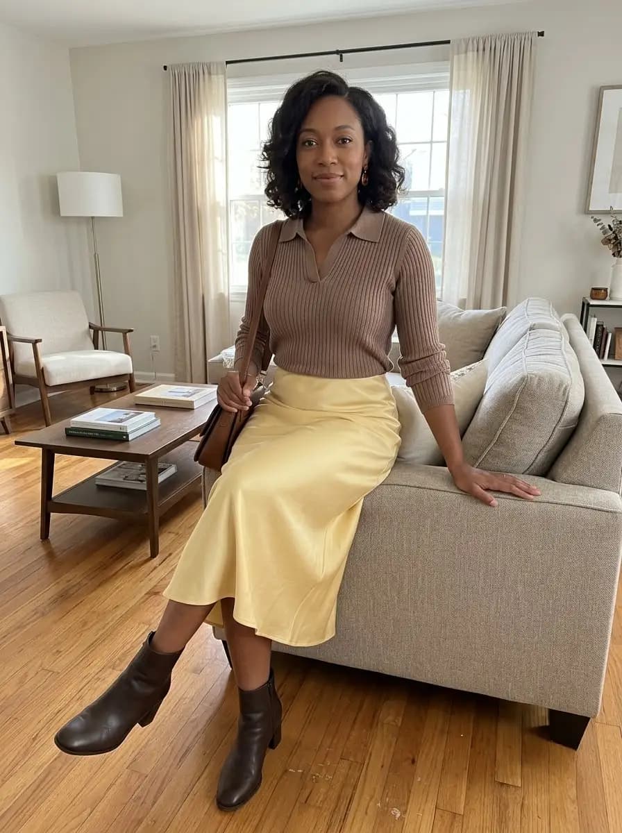 Brown ribbed knit collared sweater with pale yellow satin midi skirt