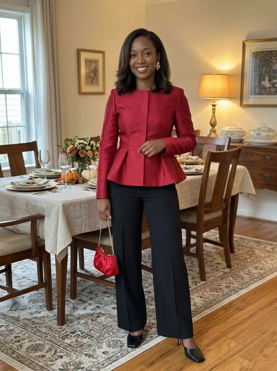 Red peplum blazer with black wide-leg pants and black pumps