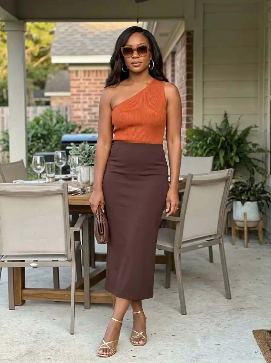 Orange one-shoulder ribbed knit top with brown pencil skirt