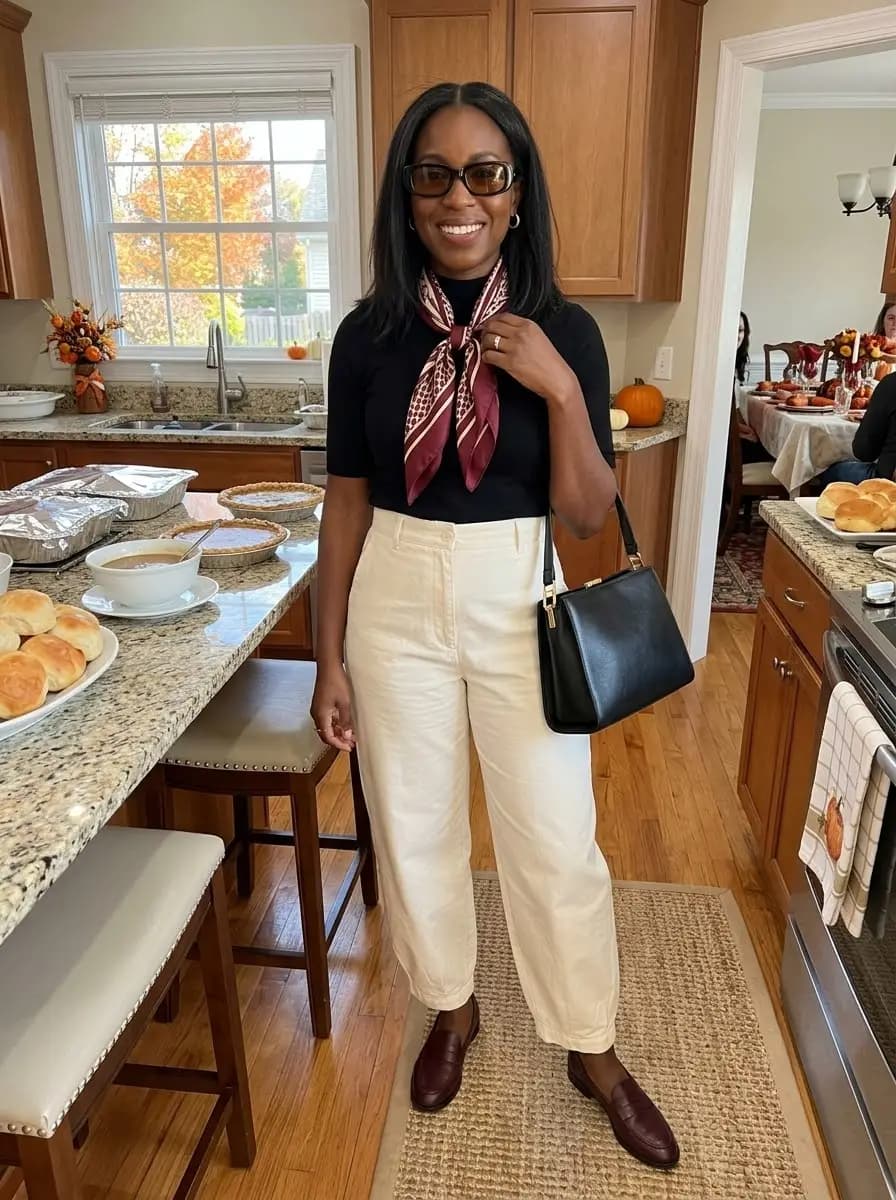 Black ribbed knit top with cream wide-leg pants and printed silk scarf