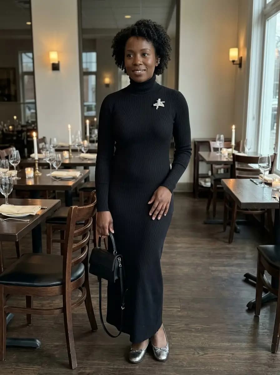 Black ribbed knit turtleneck maxi dress with silver flats