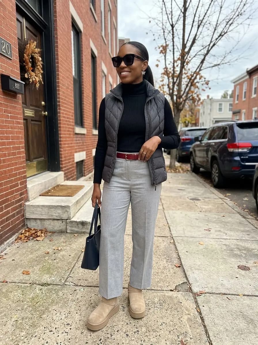 Black turtleneck with light grey wide-leg pants and charcoal puffer vest