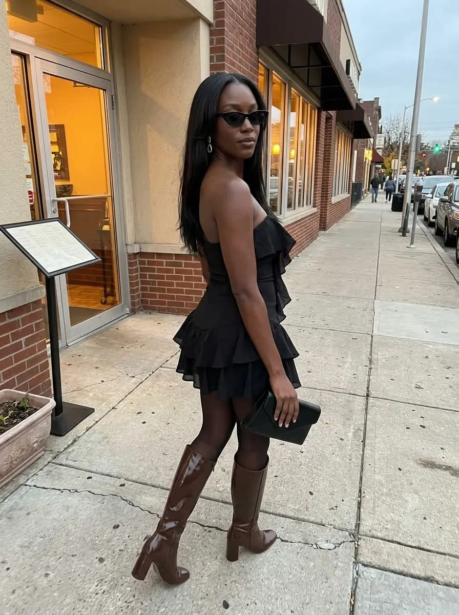 Black ruffled mini dress with sheer tights and chocolate brown knee-high boots