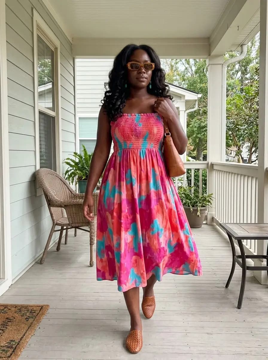 Pink and teal floral print smocked midi sundress with woven flats