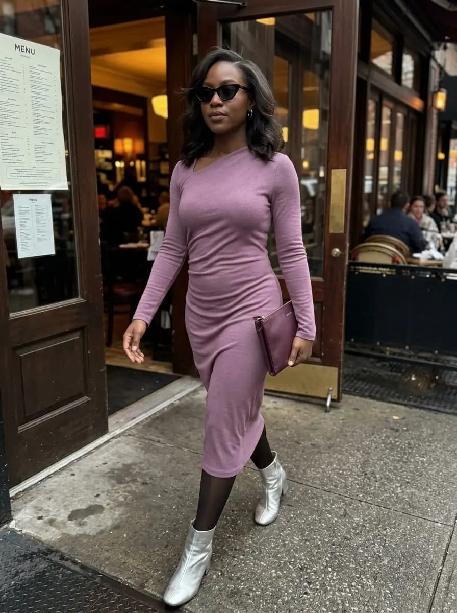 Dusty lavender ribbed knit midi dress with metallic silver ankle boots