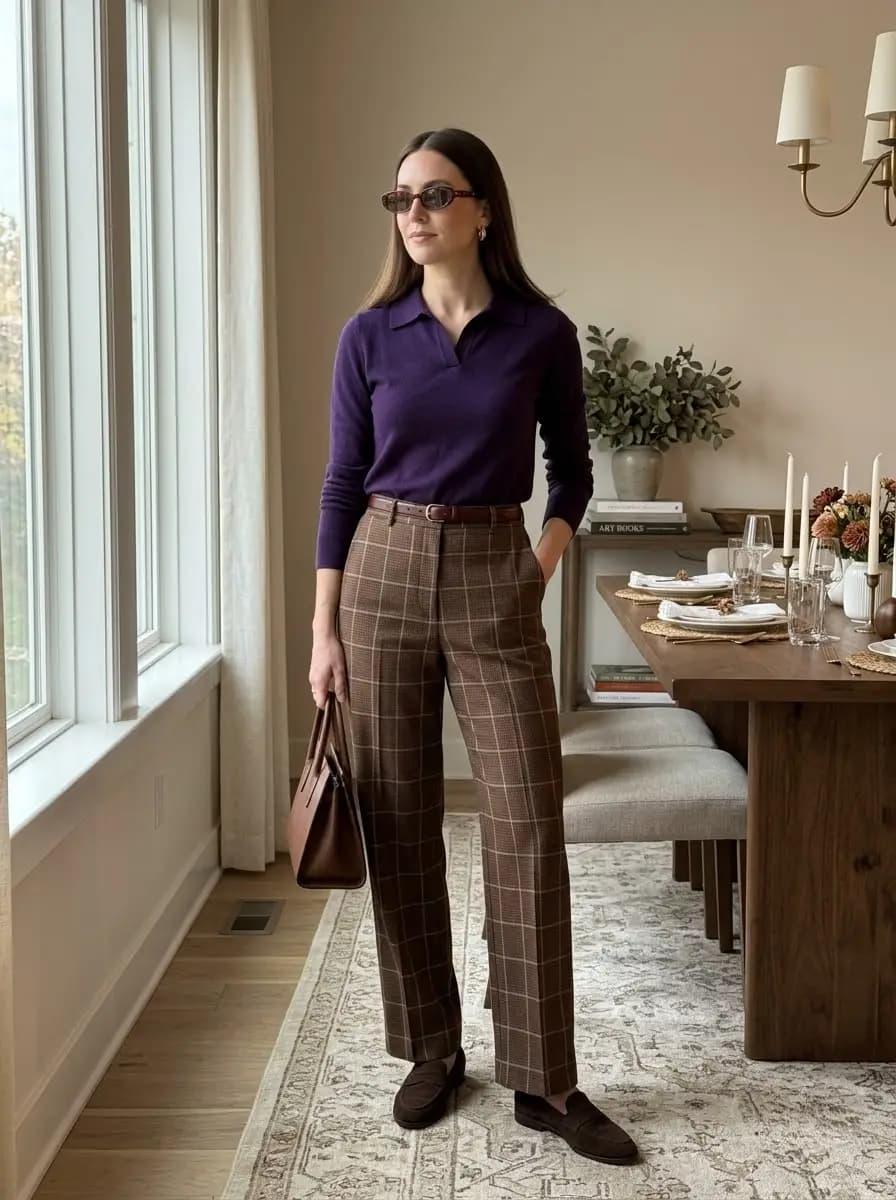 Purple long-sleeve knit polo with high-waisted brown plaid trousers and belt