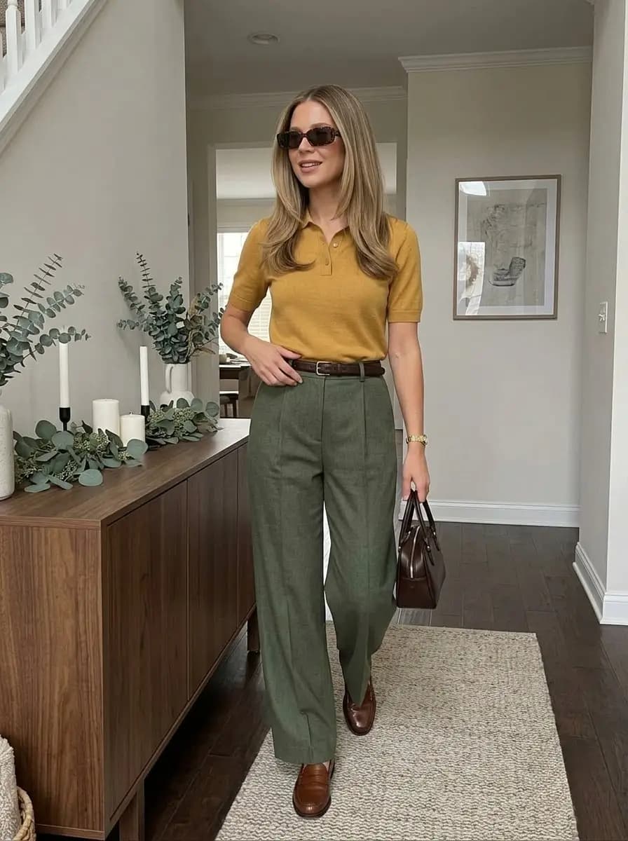 Mustard knit polo with olive wide-leg trousers, brown belt, and loafers