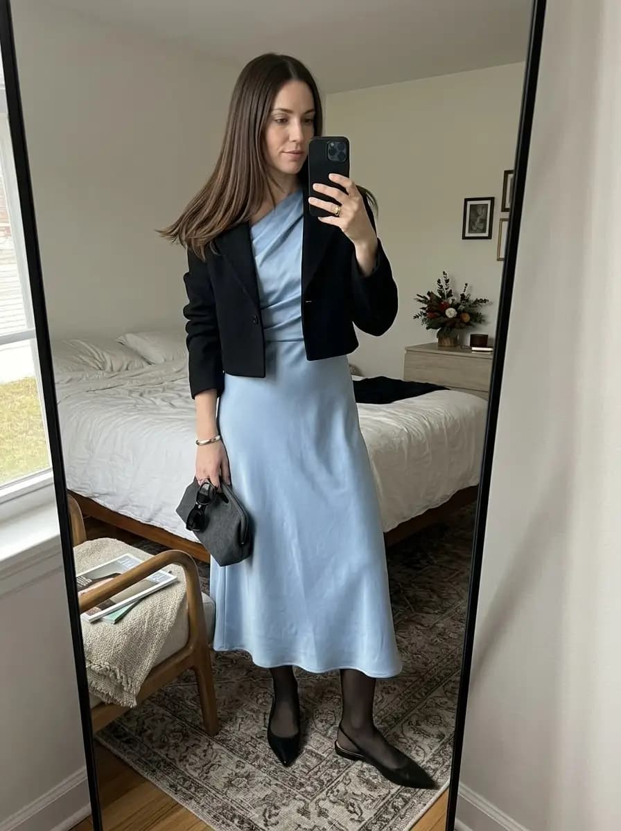 Light blue satin midi dress with cropped black blazer and black flats