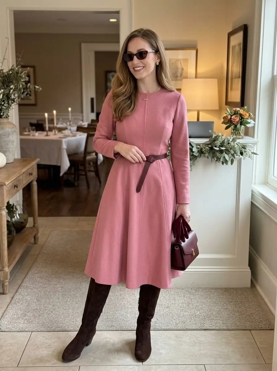 Dusty rose wool fit-and-flare dress with burgundy belt and dark boots