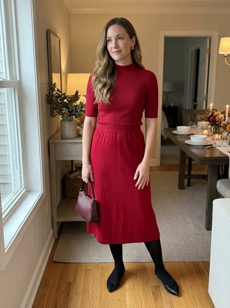 Red ribbed knit top with matching red midi skirt and black tights