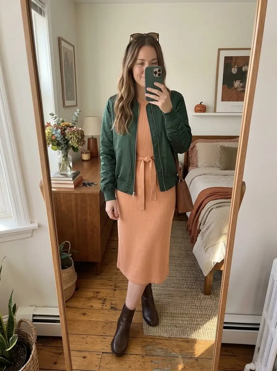 Peach ribbed tie-waist midi dress with deep green bomber jacket and boots
