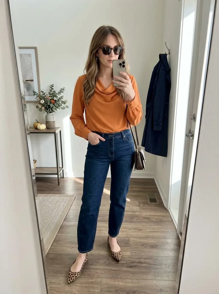 Burnt orange cowl-neck blouse with dark-wash jeans and leopard flats