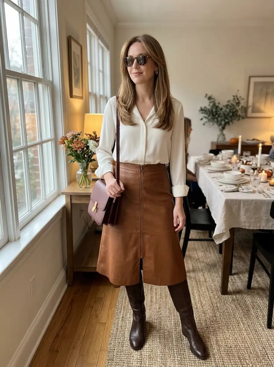 Ivory blouse with cognac leather front-zip midi skirt and brown knee-high boots