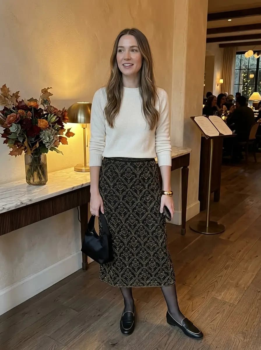 Cream knit top with black and gold patterned midi skirt and black loafers