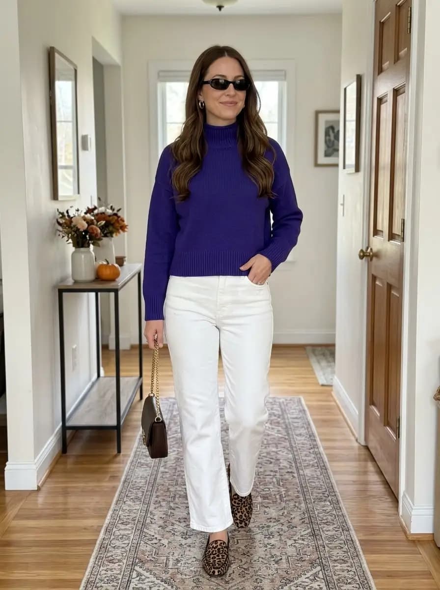 Cobalt turtleneck sweater with white straight-leg jeans and leopard flats