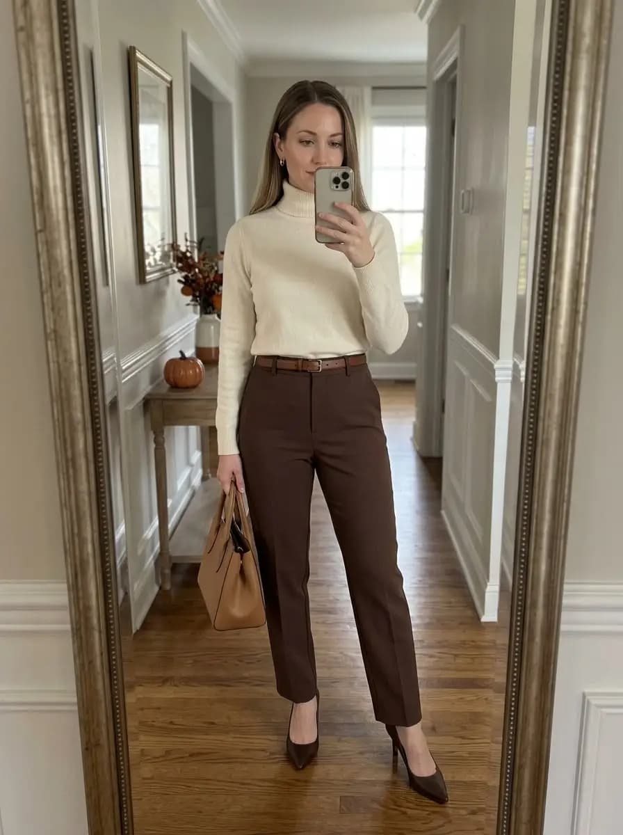 Cream turtleneck with chocolate brown tailored trousers and brown belt